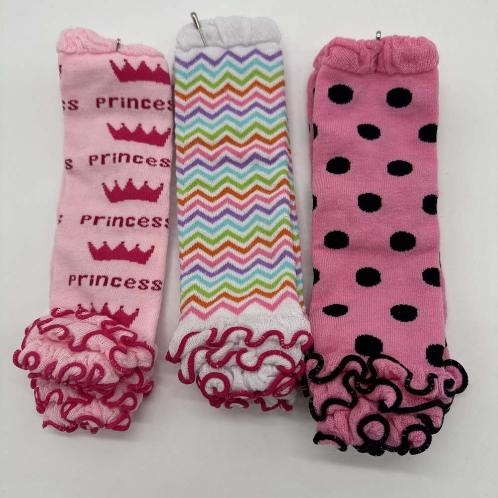3 pr Girls Polka‎ Dot, Stripes, Princess Ruffles Leg Warmers 10"